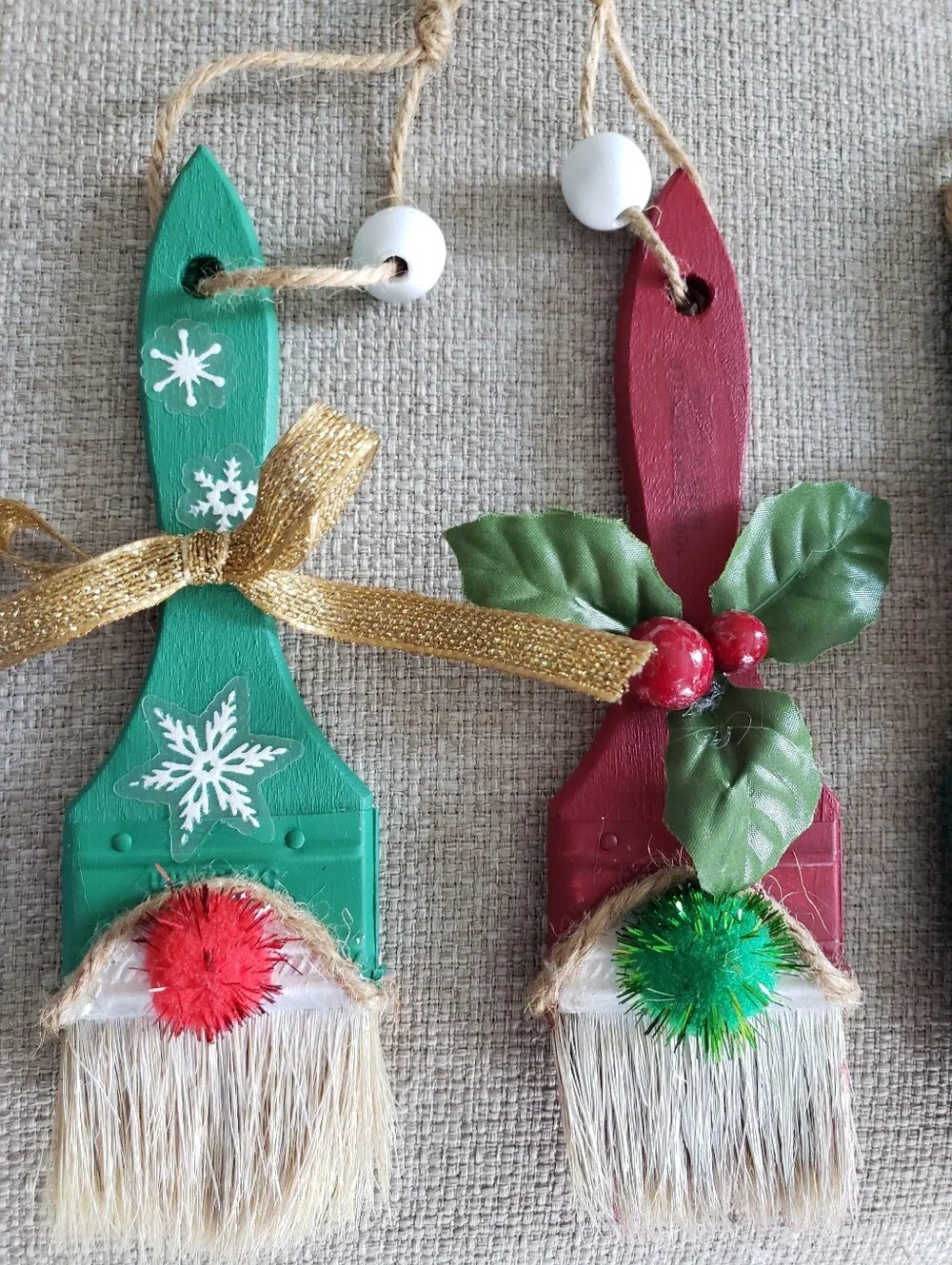 Santa's Little Helpers Painted Paintbrush Ornaments - Blue, Green, Red